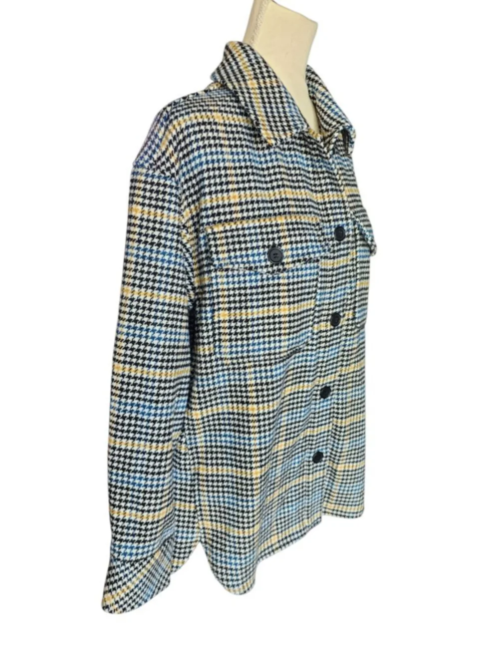 Melloday Women's M Houndstooth Shacket Jacket Blue Black Yellow Plaid Button Up